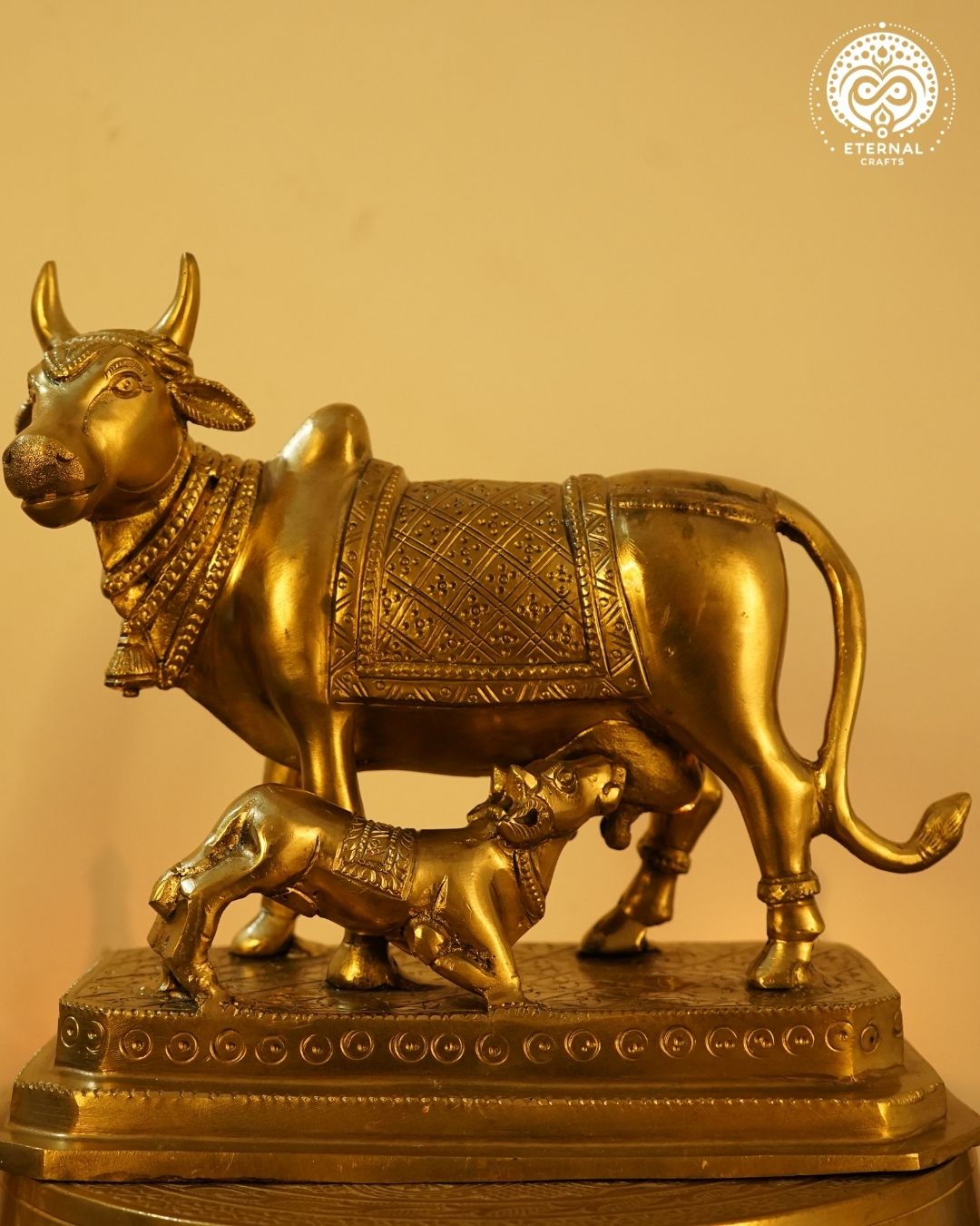 Gomata Brass Statue - Cow and Calf Kamdhenu Idol - 4 inches
